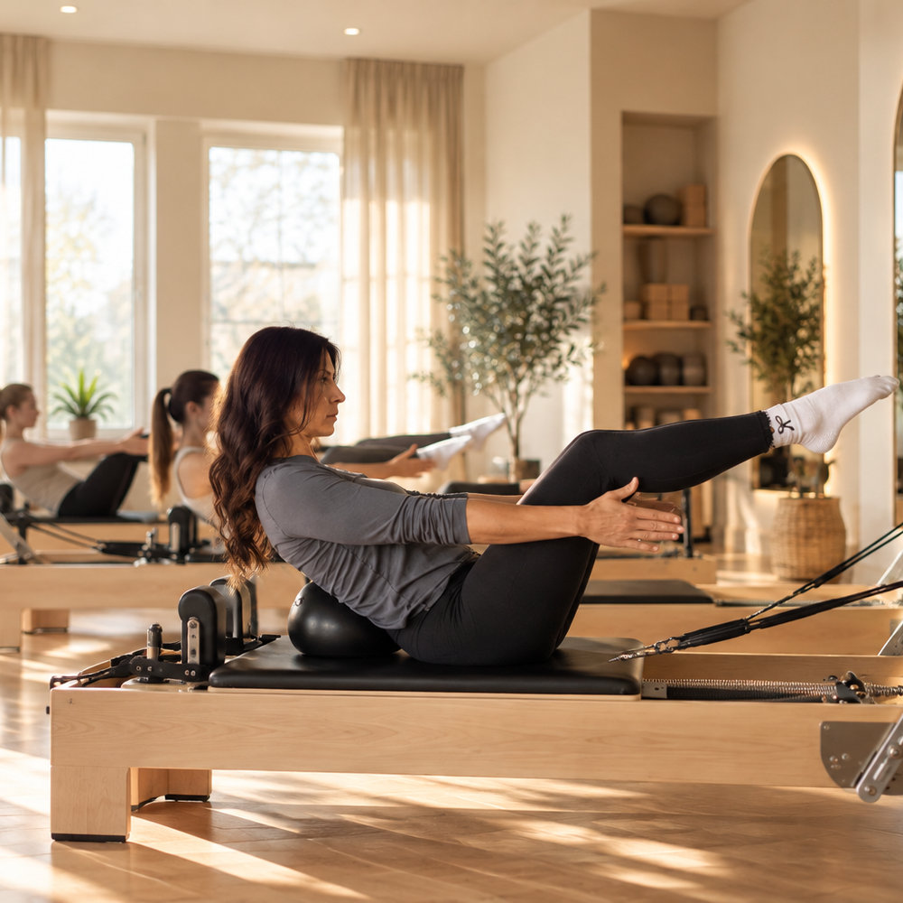 Instructrice de Pilates en exercice de gainage sur le Reformer