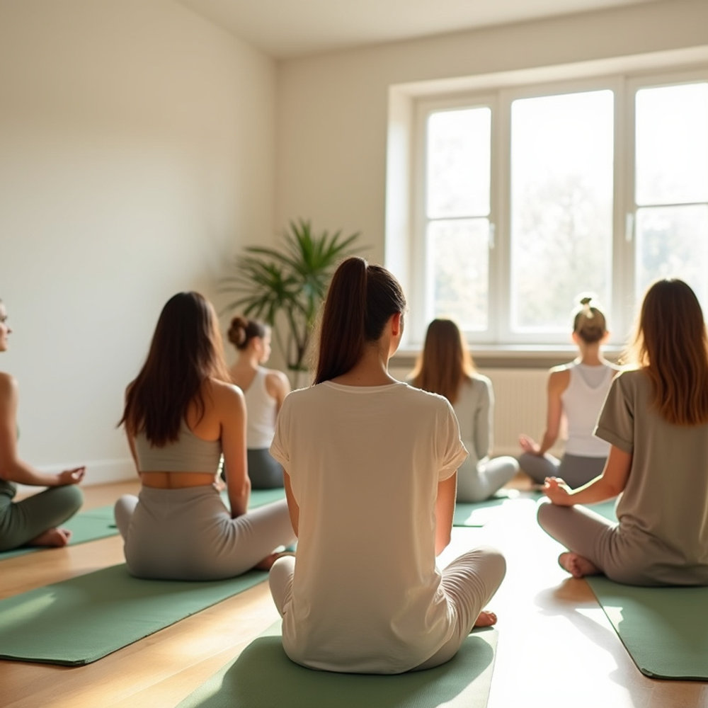 Cours de yoga en petit groupe dans la salle lumineuse du studio, Saint-Lin–Laurentides